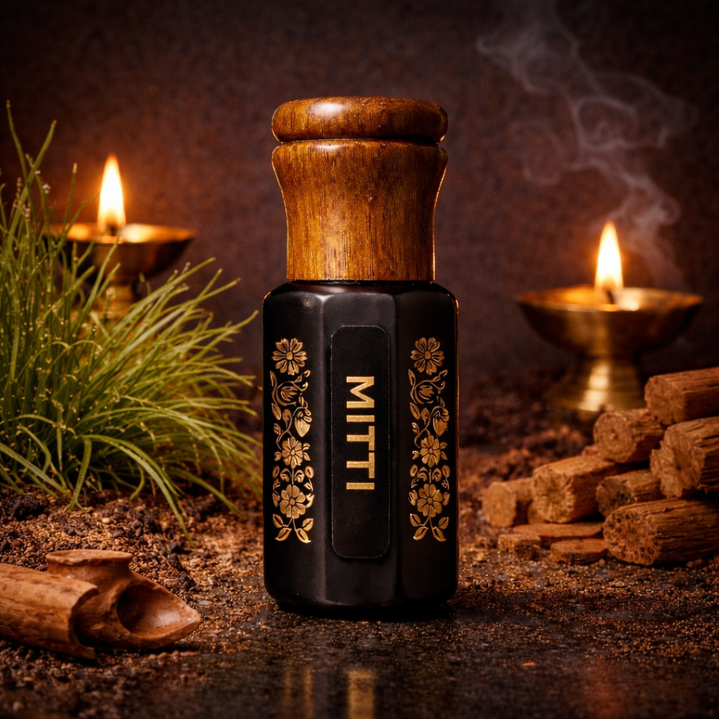 Mitti Attar is a natural fragrance that captures the aroma of rain-soaked earth, clay, and sandalwood. Discover the calming, grounding scent of pure Mitti Attar by Organic Tribe.