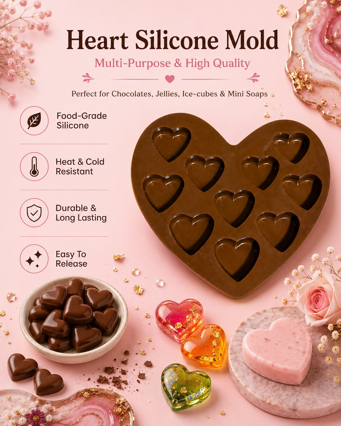 Heart Shape Silicon Mold\Food Grade Non stick Reusable - Chocolate, candy, Jelly,Ice cube, Resin Art, Soap Making