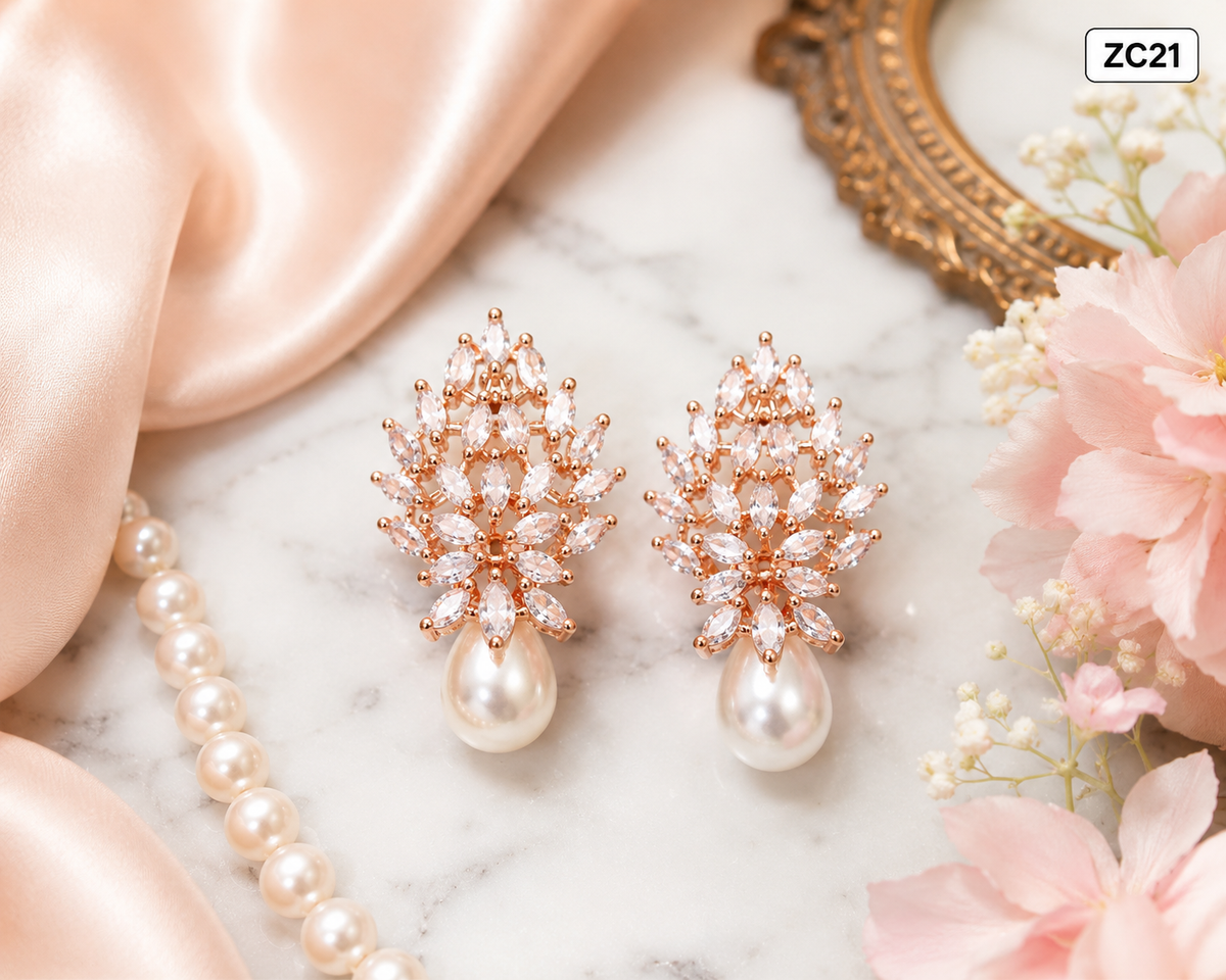 ZIVANTA ZC21 Luxury Crystal Pearl Rose Drop Earrings for Women | Rose Gold Finish AAA Cubic Zirconia Stud Earrings