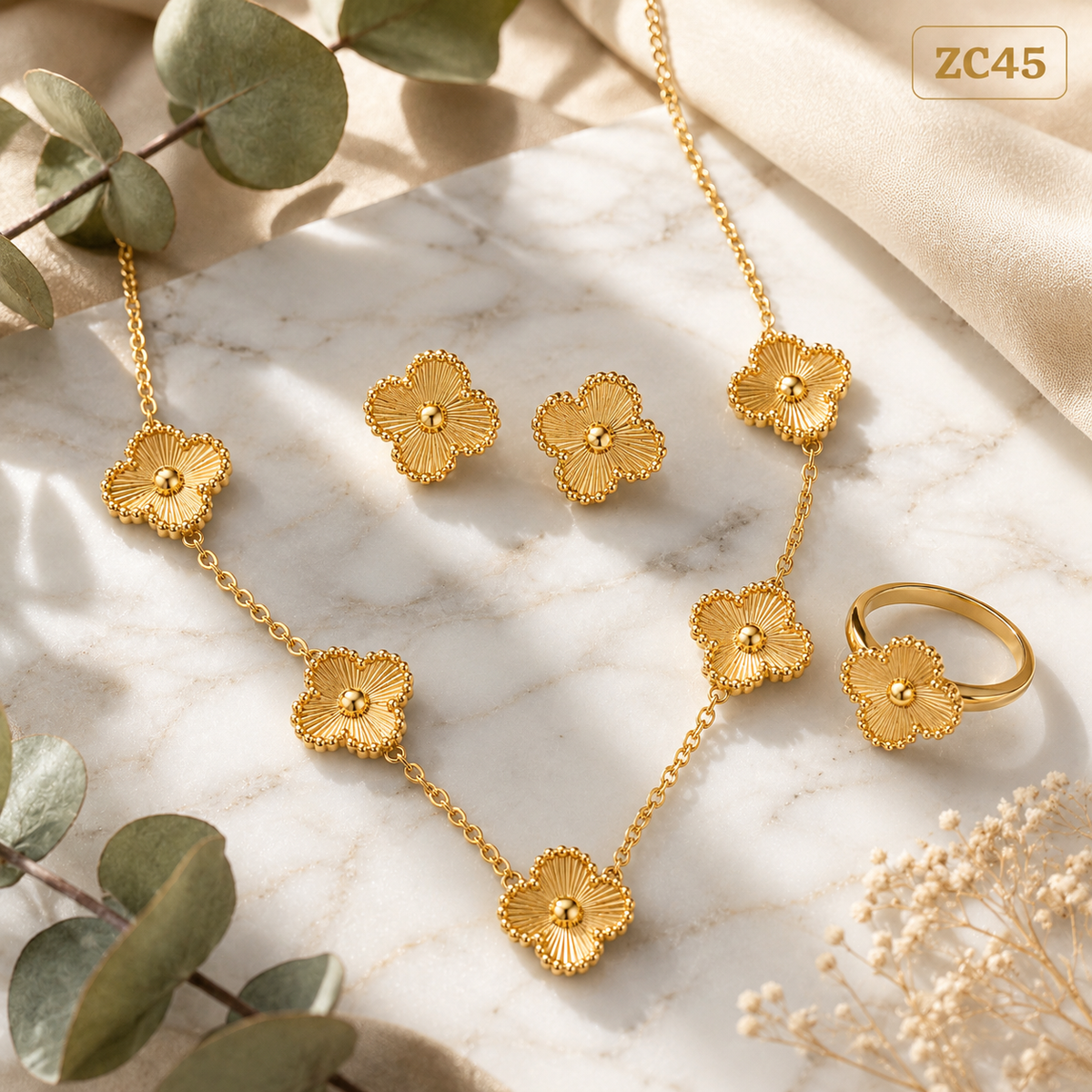 ZIVANTA Gold Floral Jewellery Set for Women | Necklace, Earrings & Adjustable Ring | Elegant Gold Finish Jewellery Set for Wedding, Party & Festive Wear