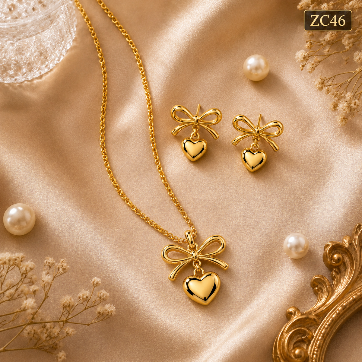 ZIVANTA Gold Bow & Heart Jewellery Set for Women | Necklace & Matching Earrings | Elegant Gold Finish Fashion Jewellery for Wedding, Party & Gifting