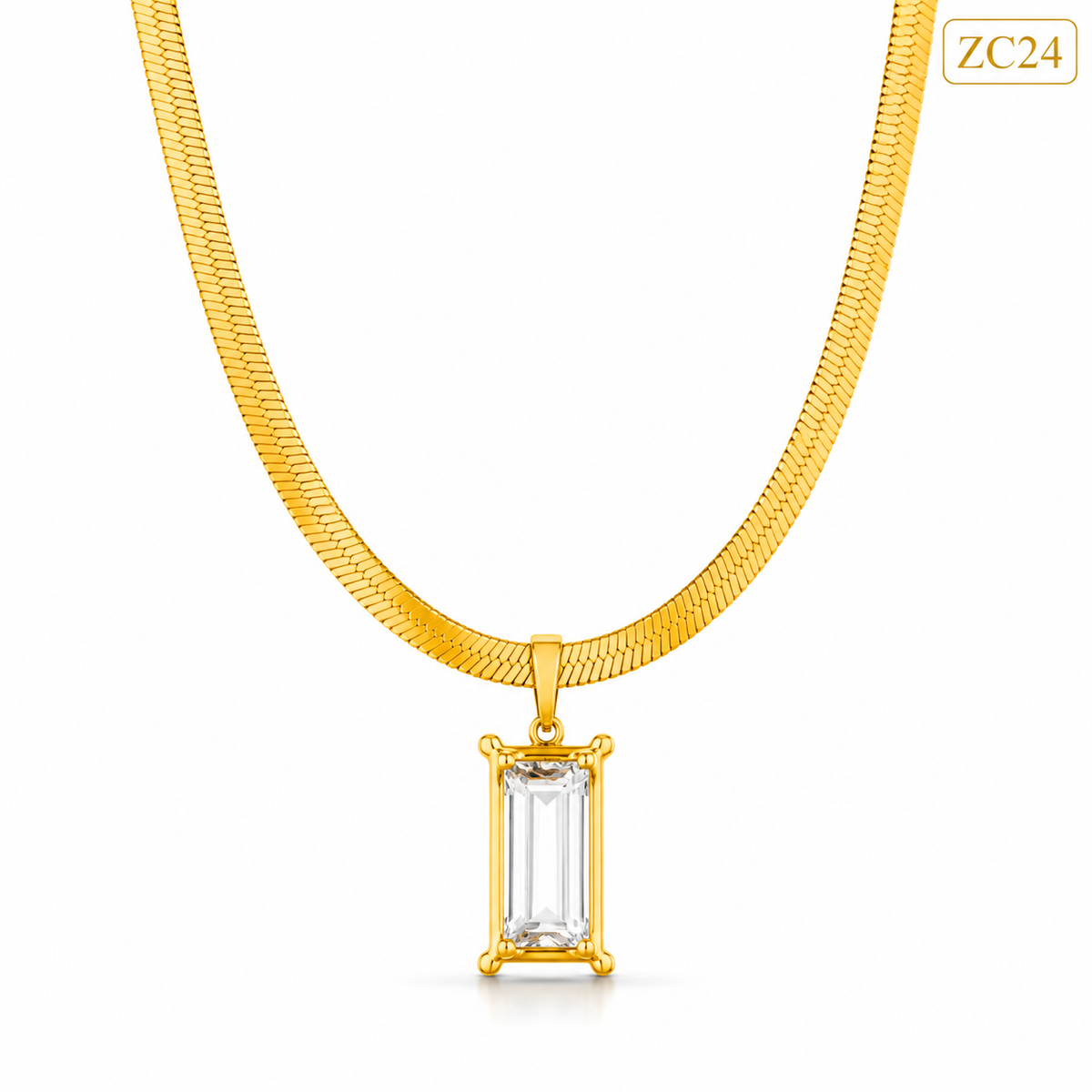 ZIVANTA ZC24 Gold Finish Herringbone Chain Necklace with Elegant White Crystal Pendant