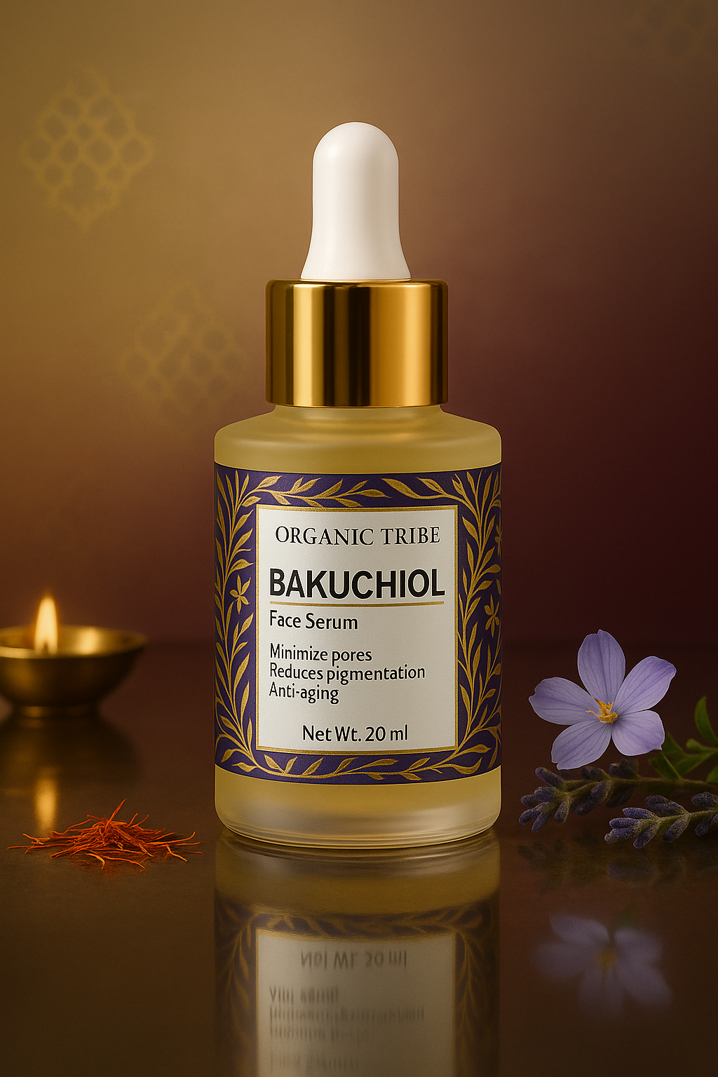 “Organic Tribe Bakuchiol Face Serum — natural retinol alternative with bakuchiol, anti-aging face serum for glowing skin, fine lines, and wrinkles. 100% organic, chemical-free, preservative-free Ayurvedic skincare made in India. Elegant Pattachitra-inspired packaging, luxury herbal serum for youthful, radiant skin.”