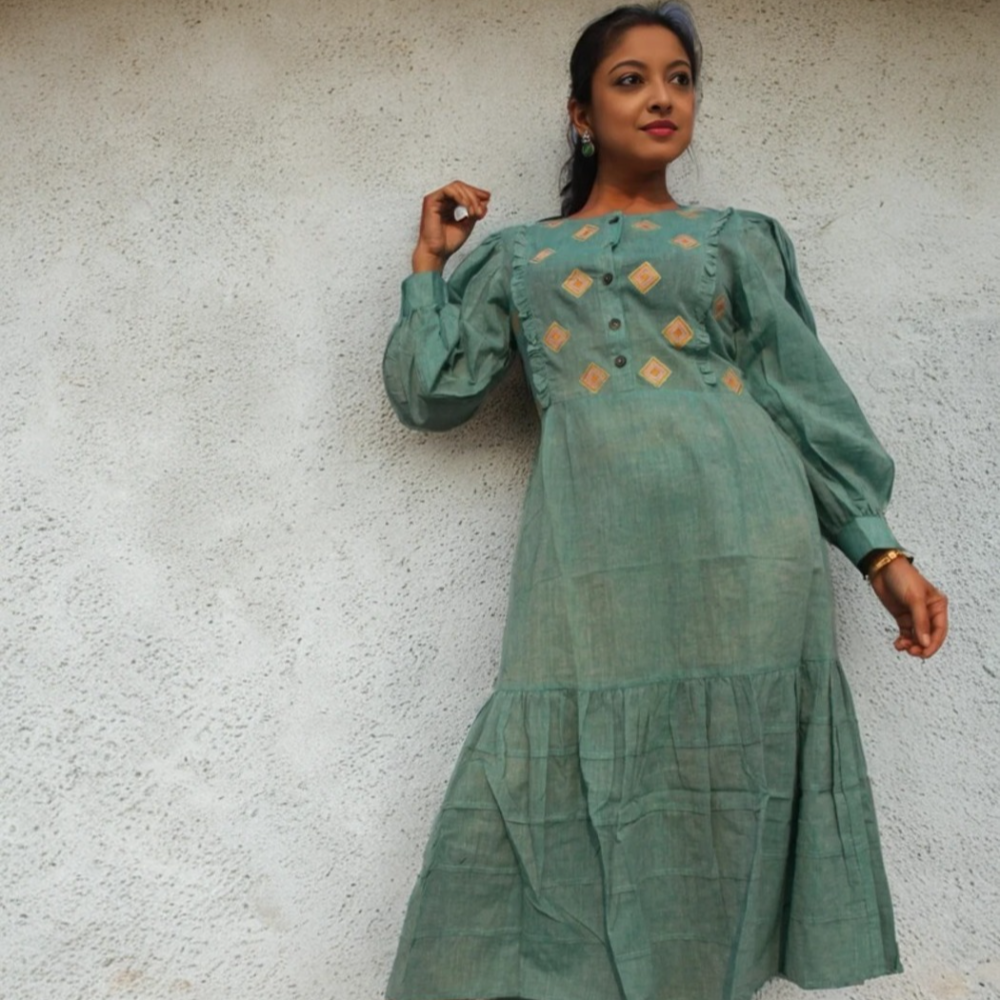 COASTLINE - Emerald Green Embroidered Full Sleeved Tiered A-Line Dress