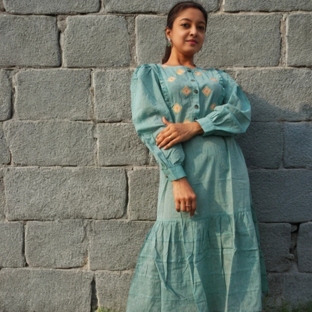 COASTLINE - Emerald Green Embroidered Full Sleeved Tiered A-Line Dress