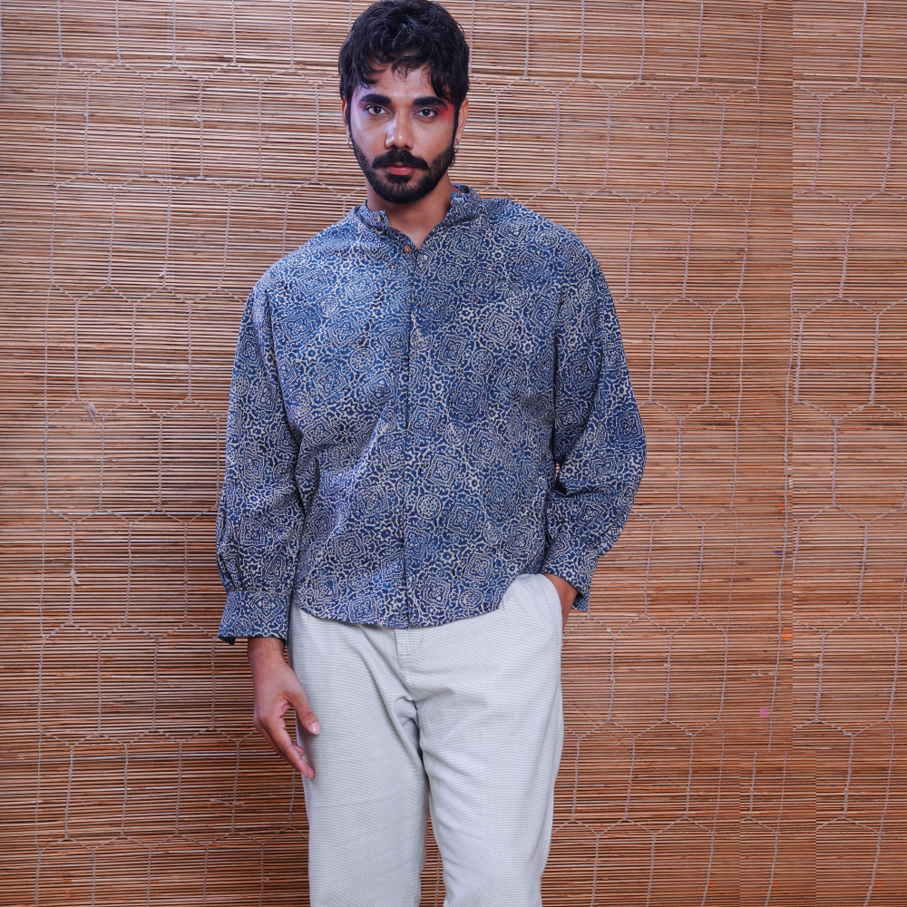 Cotton Handprinted Ajrakh Silverlining Jaapani Kimono Shirt 1