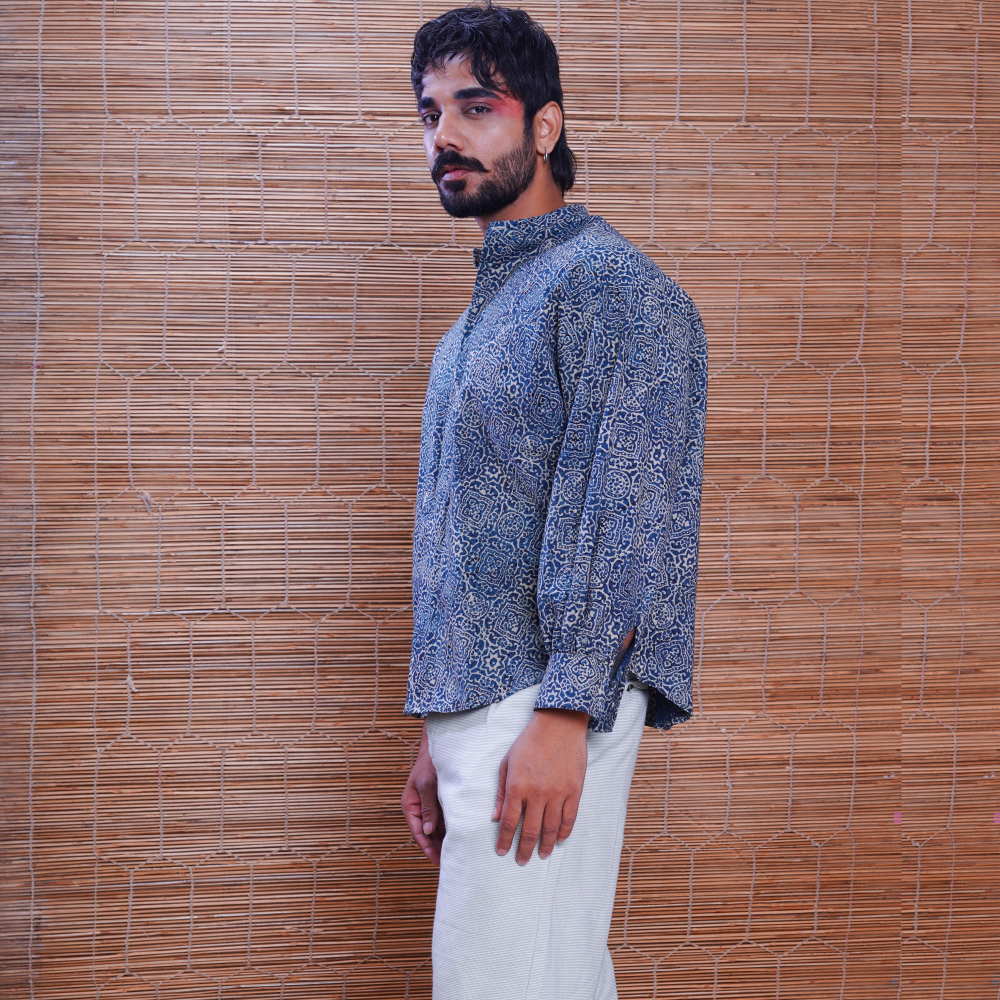 Cotton Handprinted Ajrakh Silverlining Jaapani Kimono Shirt 1