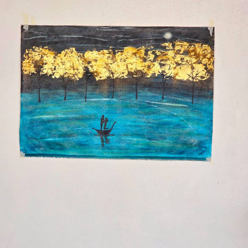 Couple on a lake boat under golden trees Acrylic/foil canvas painting