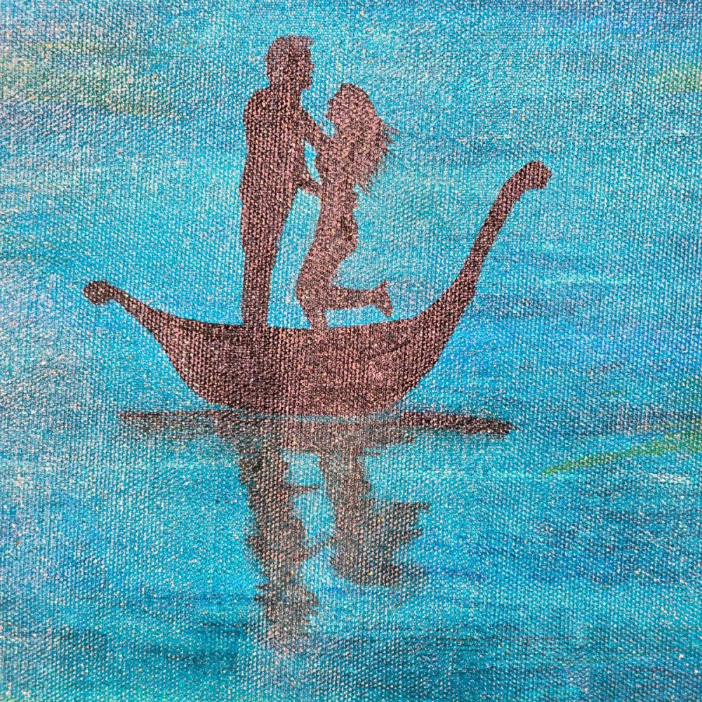 Couple on a lake boat under golden trees Acrylic/foil canvas painting