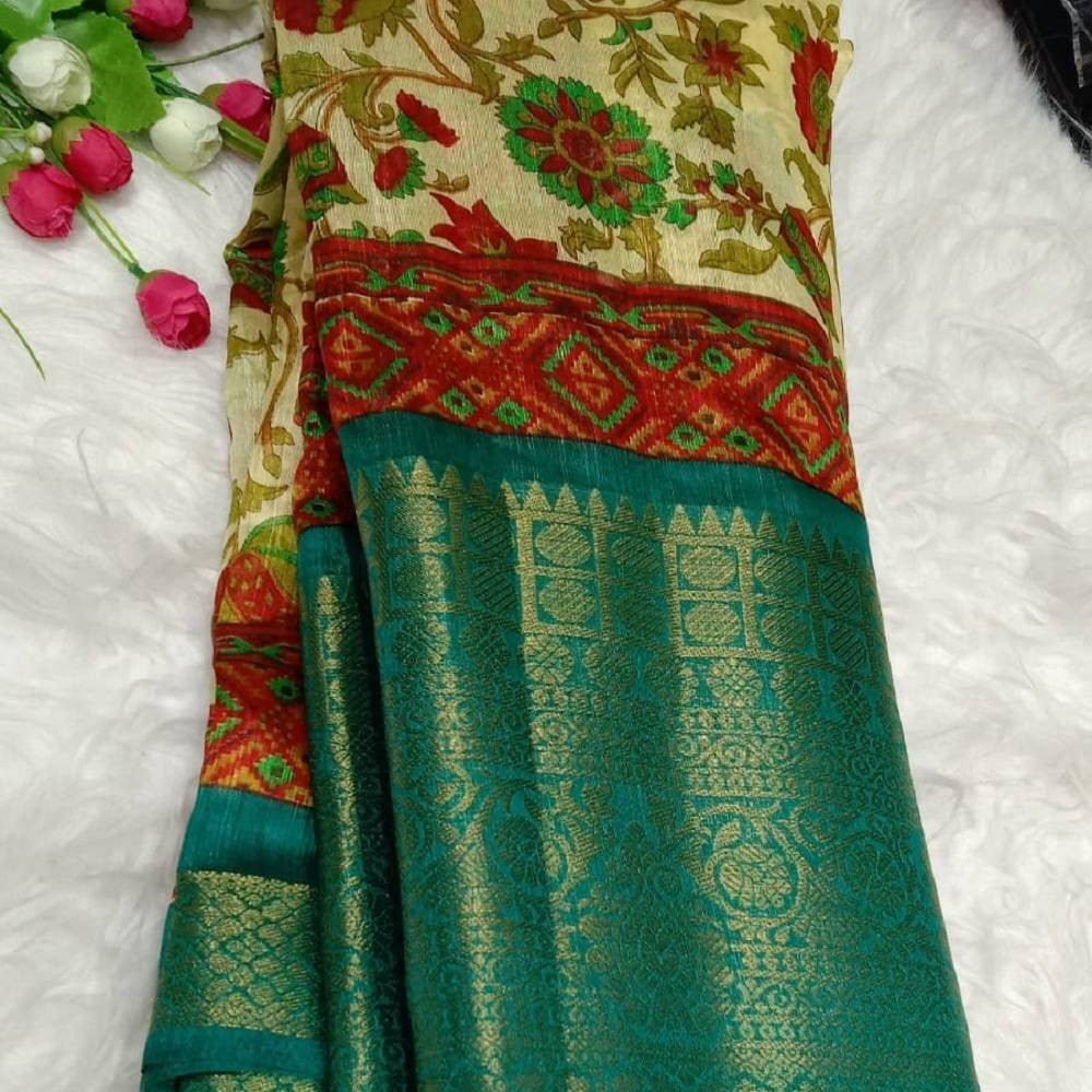 Kalamkari Printed Saree with Gold Zari Border_Cream