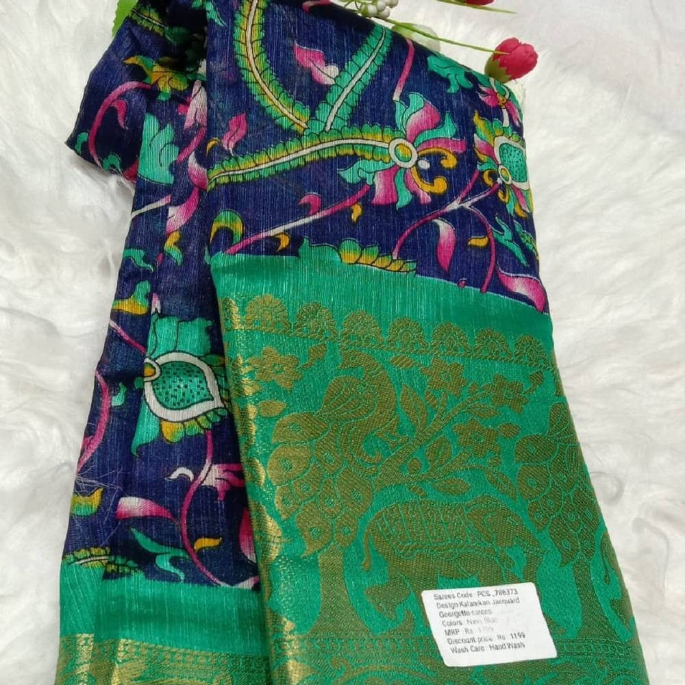Kalamkari Printed Saree with Gold Zari Border_Dark Blue