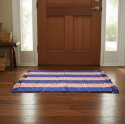 Handmade Woven Macrame Accent Mat – Striped Blue & Pink Floor Rug with Fringe Size (20*15) blue & peach color
