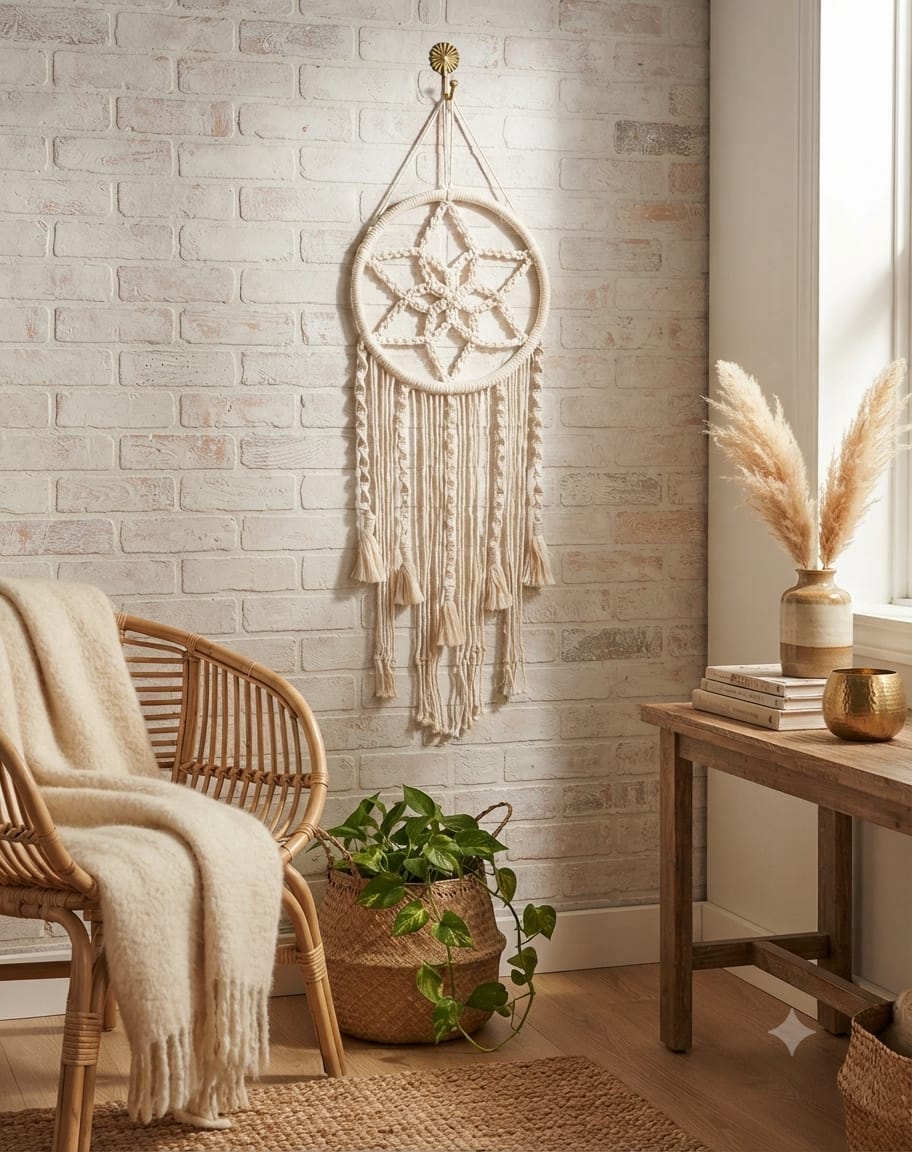 Handcrafted Macrame Dream Catcher Wall Hanging | Boho Chic Cotton Thread Wall Art for Bedroom, Living Room & Balcony Decoration (Off-White) size (40*11)
