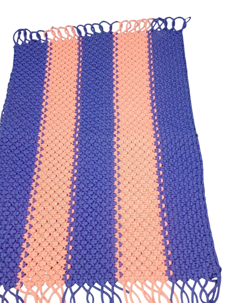 Handmade Woven Macrame Accent Mat – Striped Blue & Pink Floor Rug with Fringe Size (20*15) blue & peach color