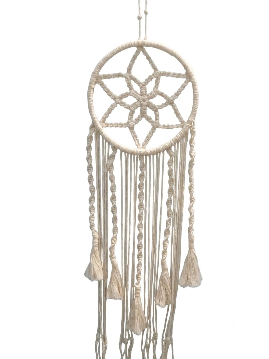 Handcrafted Macrame Dream Catcher Wall Hanging | Boho Chic Cotton Thread Wall Art for Bedroom, Living Room & Balcony Decoration (Off-White) size (40*11)