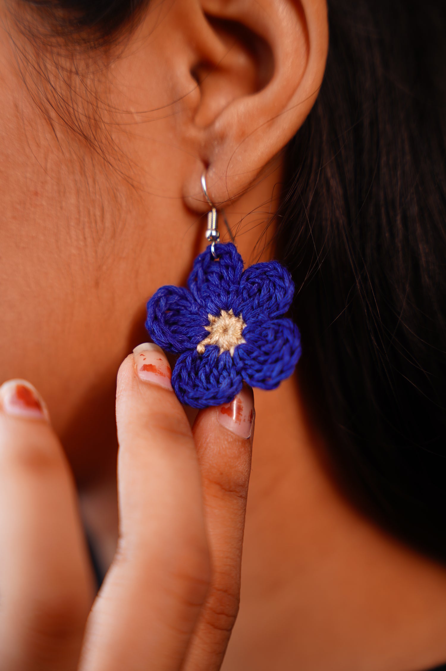 Pair of Handmade Hand-Woven Blue Flower Earring