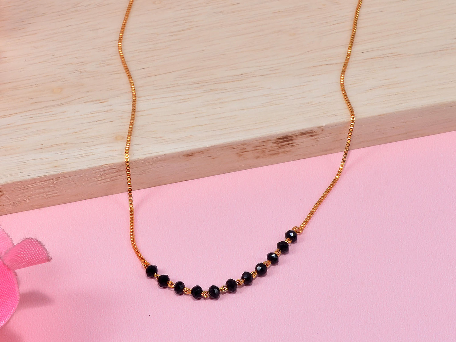 JHB Gold Plated Chain And Black Bead Traditional Short Nacklace Tanmaniya For Women and Girls
