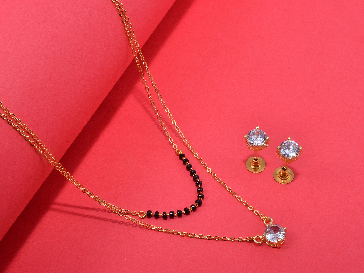 JHB AD Pendant Gift Set |Rakhi Rakshabandhan Gift for Sister Bhabhi, Gifts for Women & Girls | Mangalsutra With American Diamond, Traditional Black Bead Mangalsutra