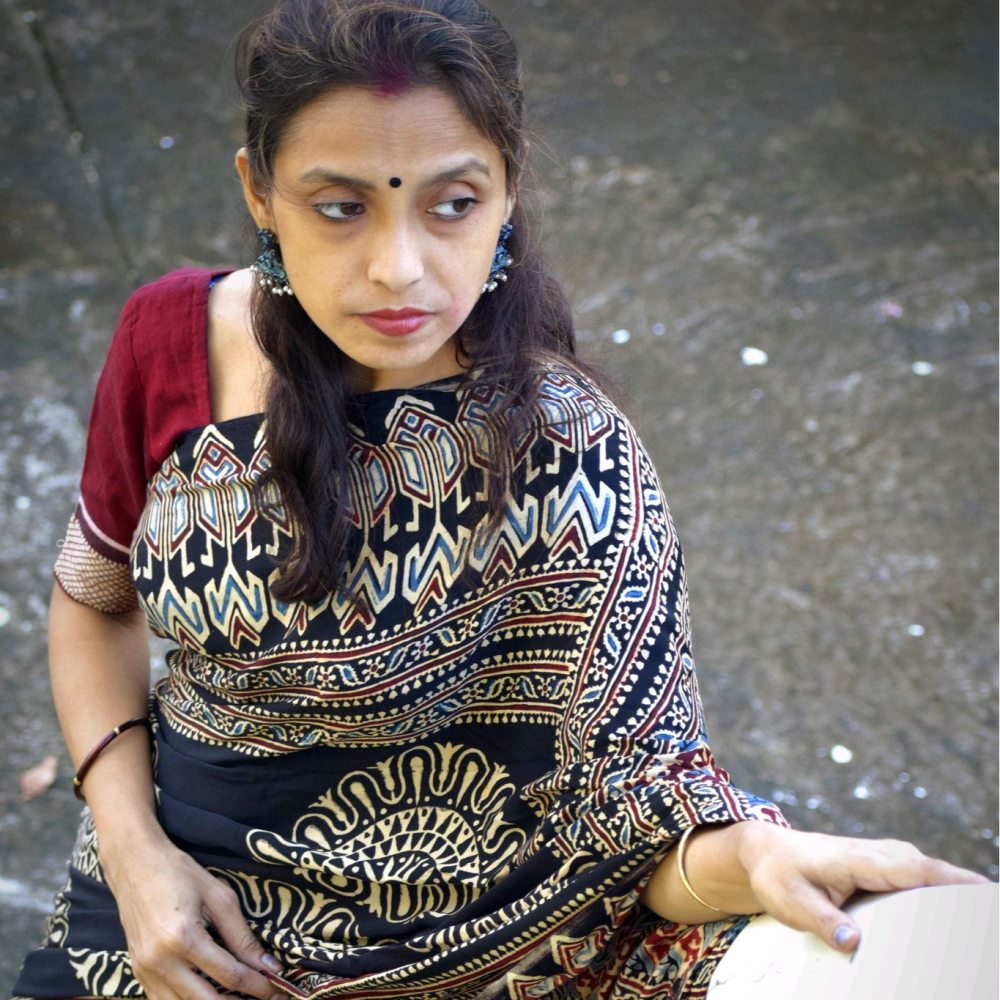 MANDALA - Ajrakh Hand Block Printed  Signature Work Silk Saree