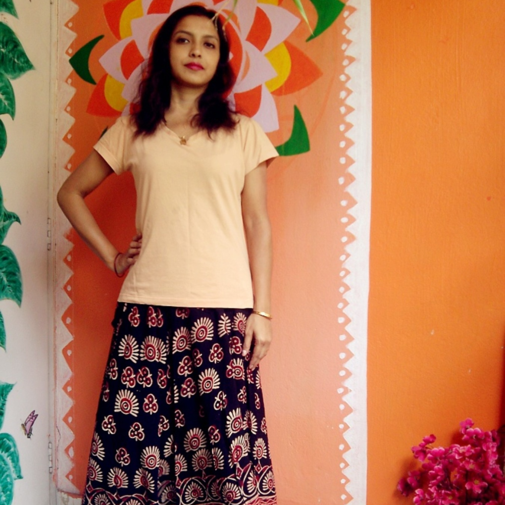 Free-size Hand Dyed & AJRAKH Hand Block  Printed Cotton Rayon Long Boho Skirts