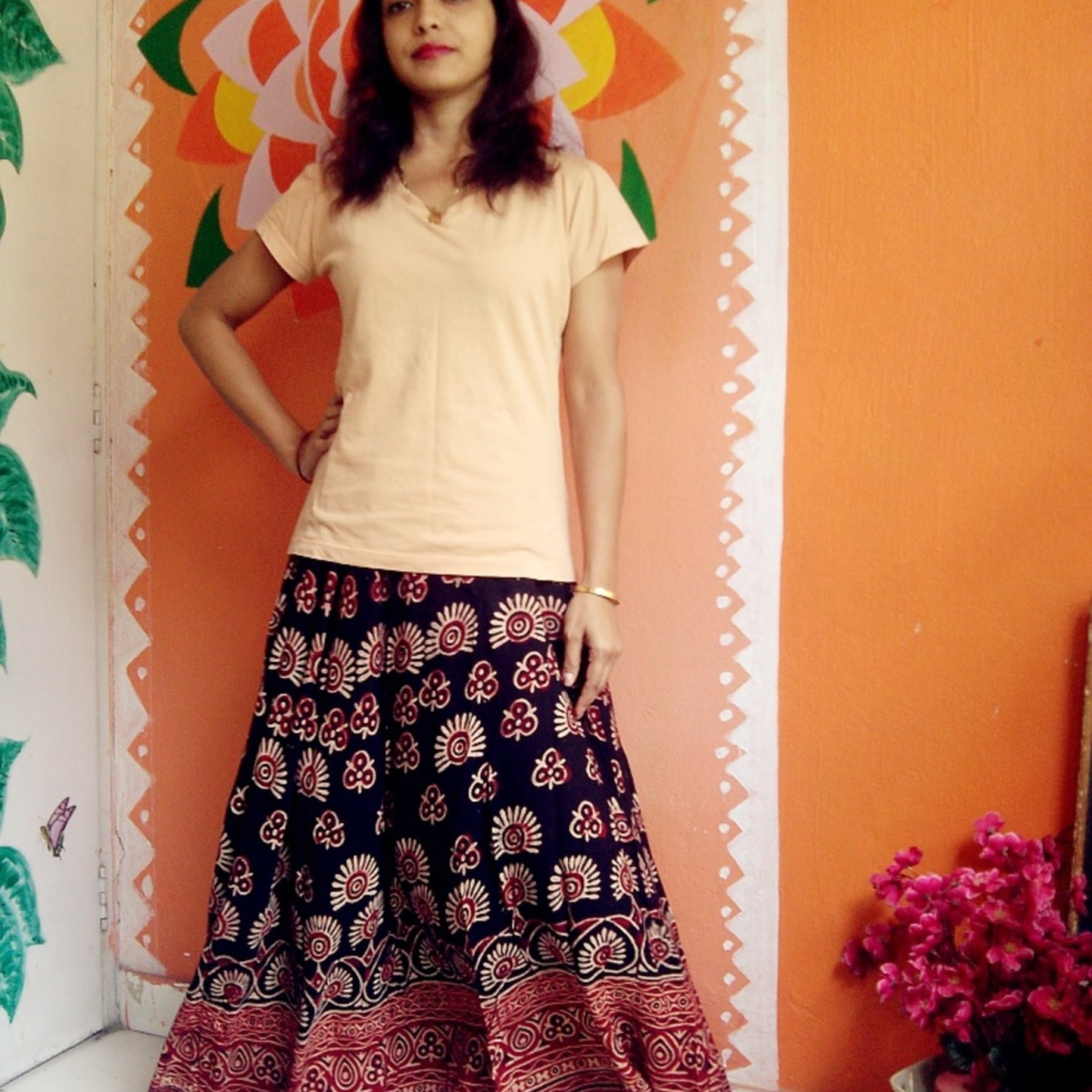 Free-size Hand Dyed & AJRAKH Hand Block  Printed Cotton Rayon Long Boho Skirts