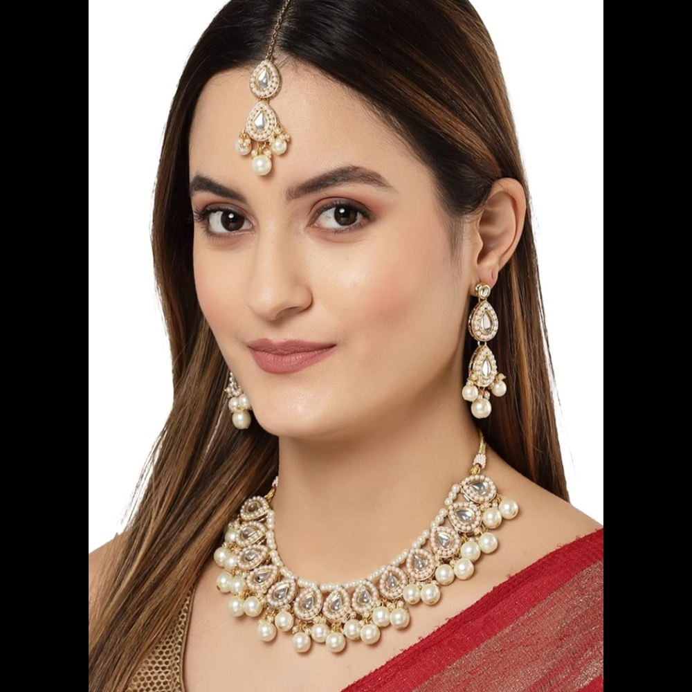 Elegant Gold Plated Pearl & Drop Kundan Studded Choker Necklace Set