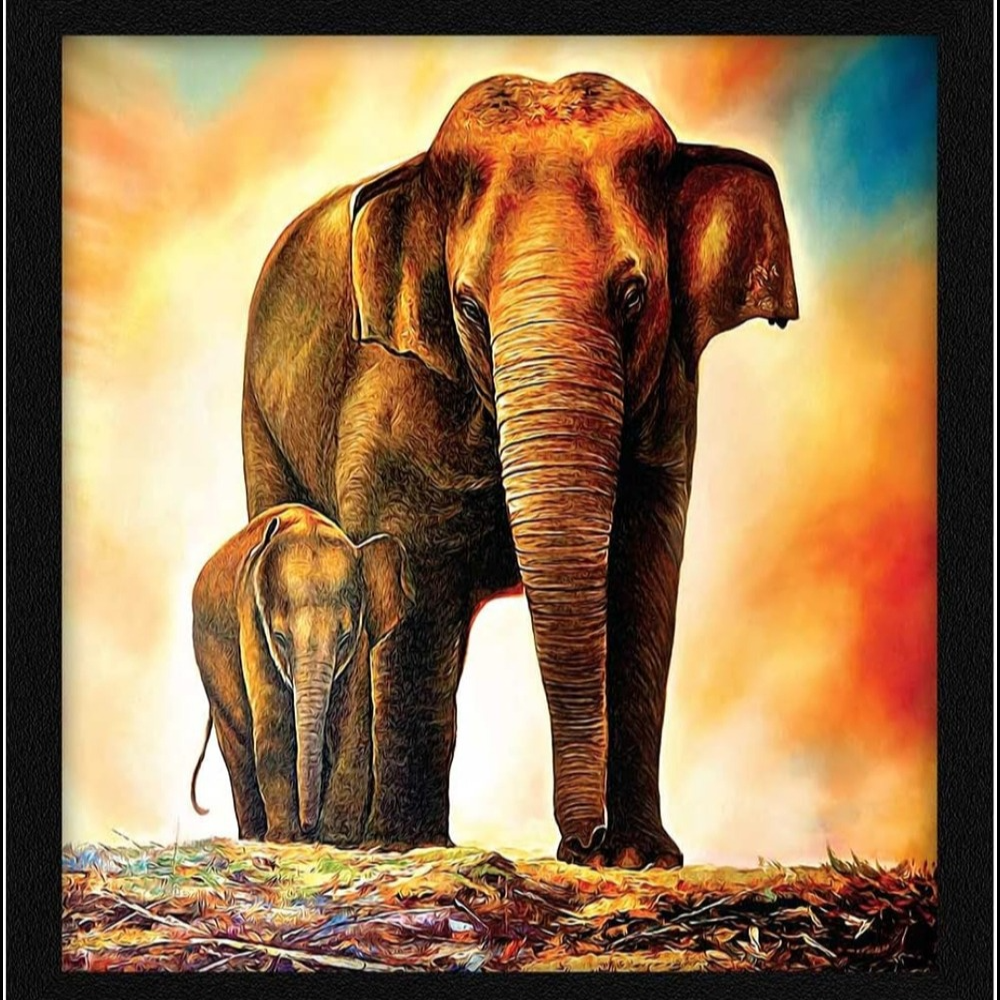 Elephant and Baby Wall Art Painting, Multicolor, Wildlife, 13X13 inches