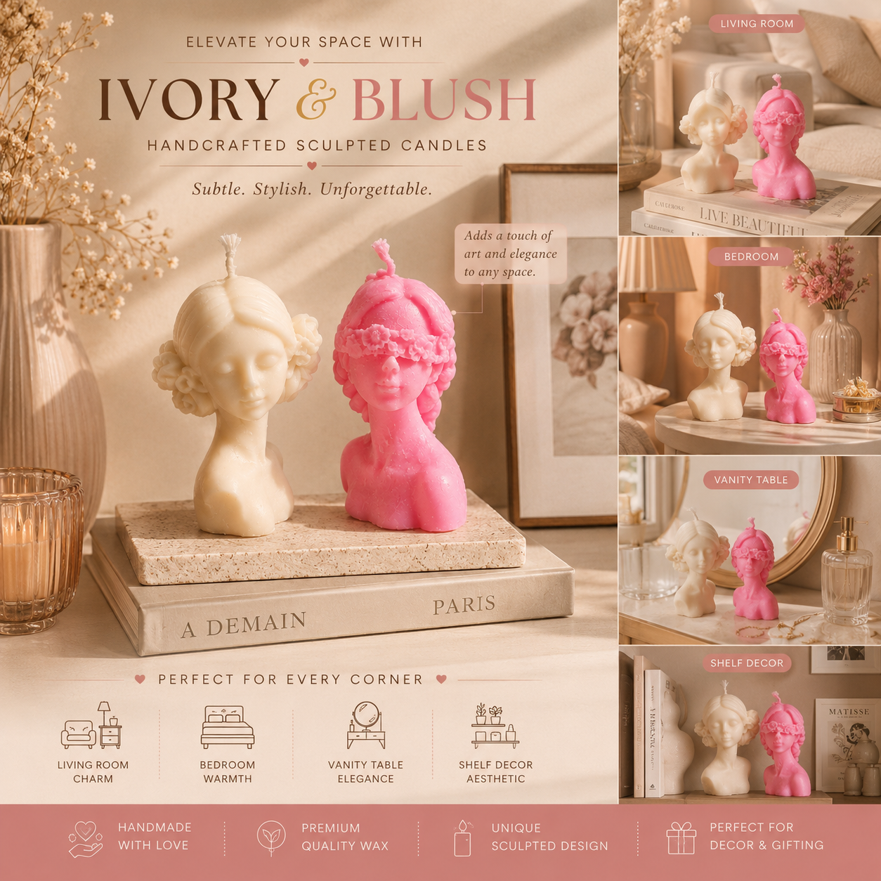 Ivory & Blush - Handcrafted Sculpted Candle Duo