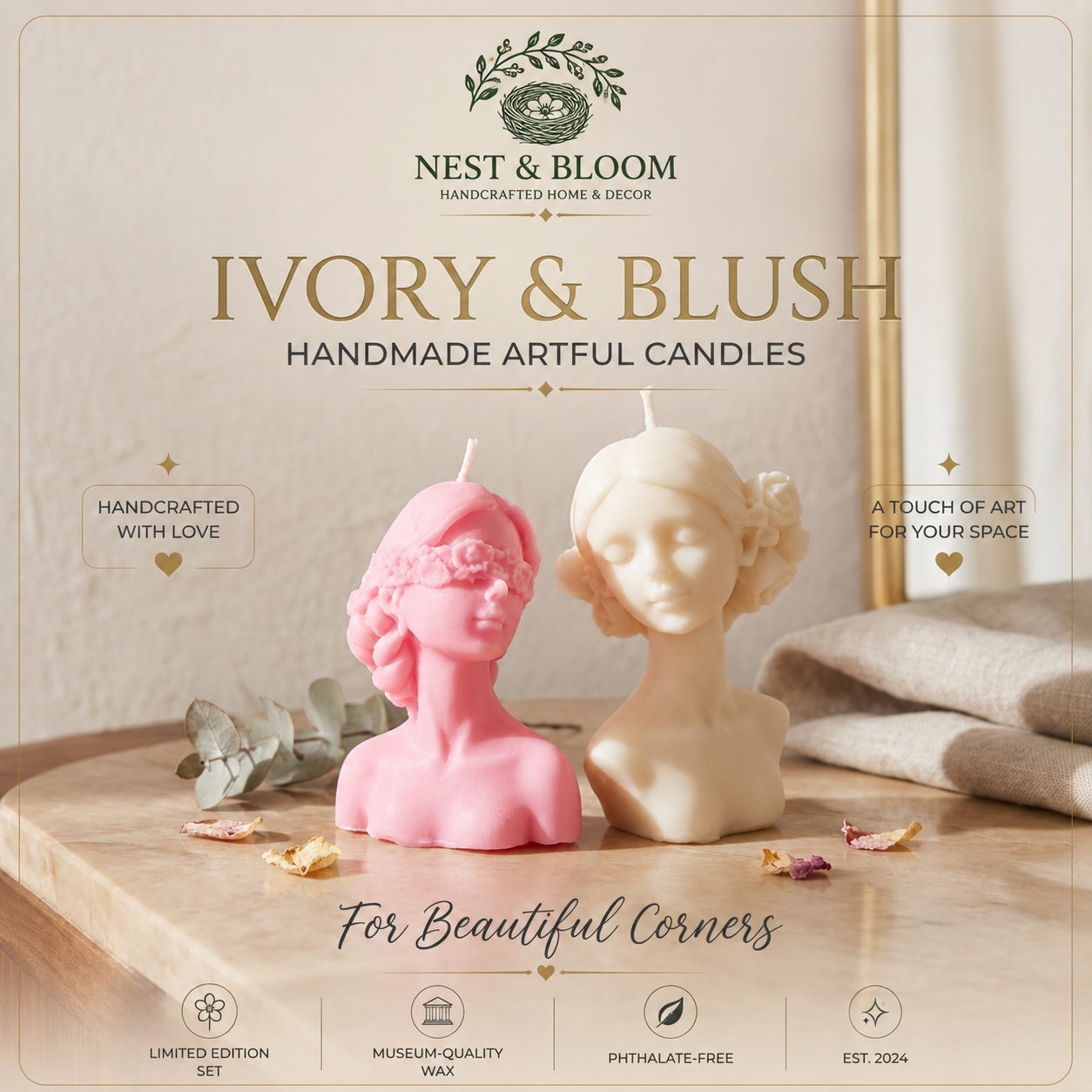 Ivory & Blush - Handcrafted Sculpted Candle Duo