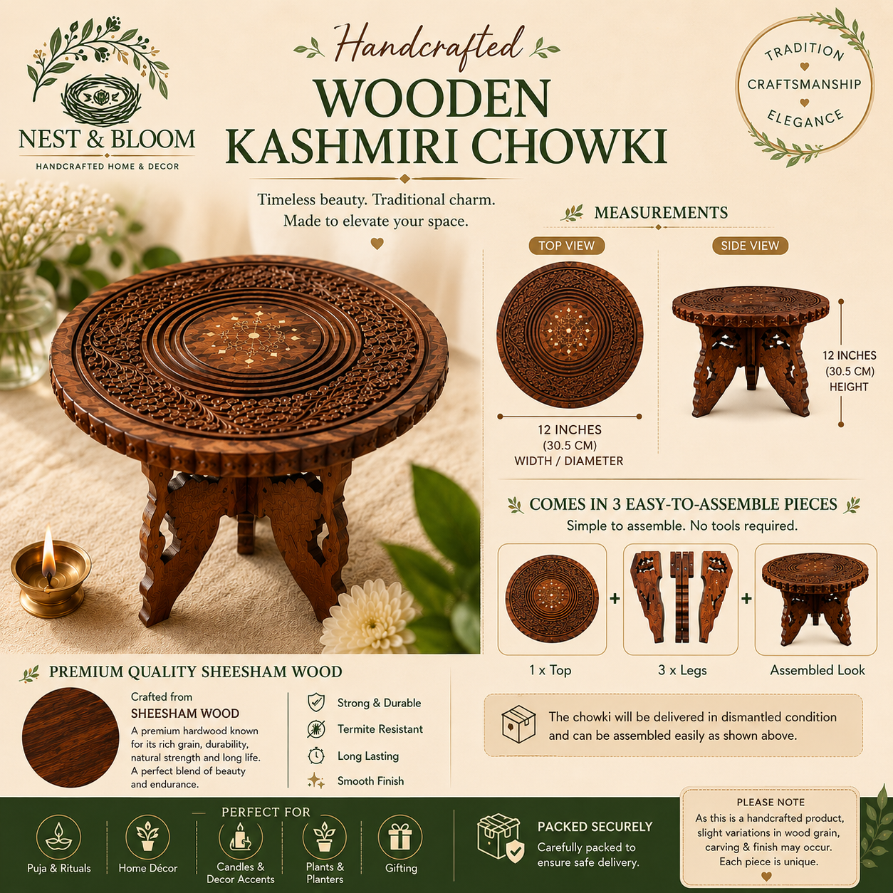 Handcrafted Wooden Kashmiri Chowki