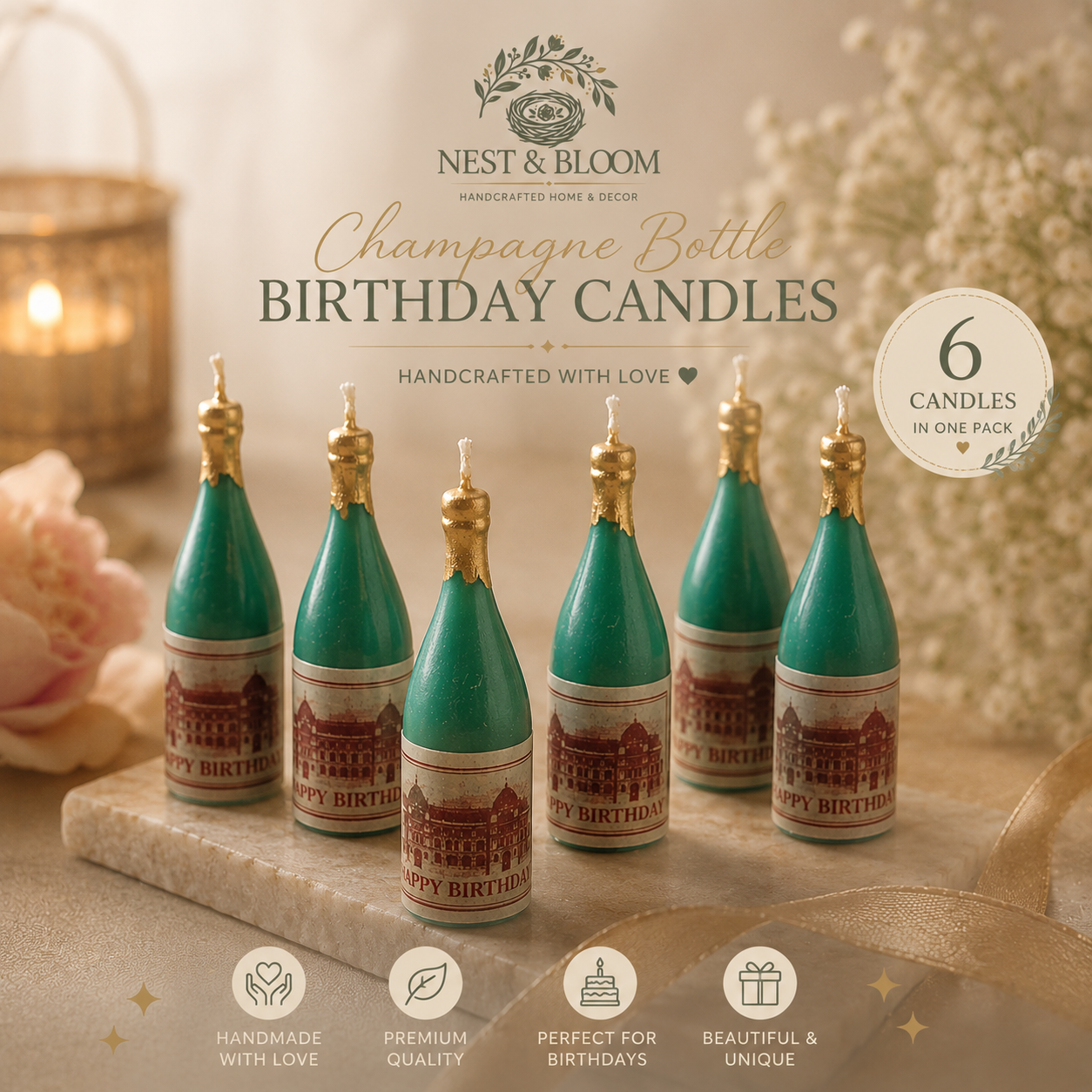 Premium Champagne Bottle Birthday Candles - Handmade