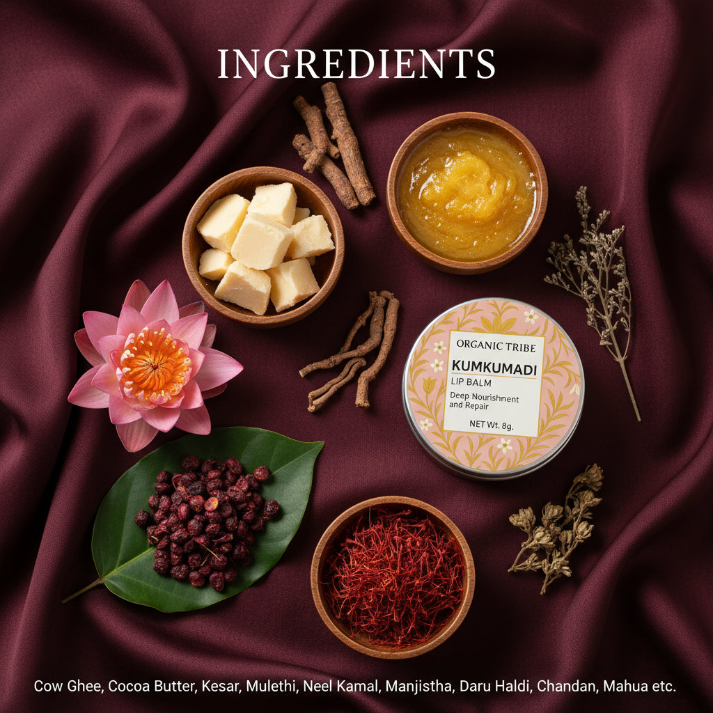 Luxury Ayurvedic Kumkumadi Lip Balm by Organic Tribe, enriched with natural saffron and sandalwood for soft, pink, hydrated lips. Organic, preservative-free, handmade lip balm inspired by royal Indian beauty rituals.