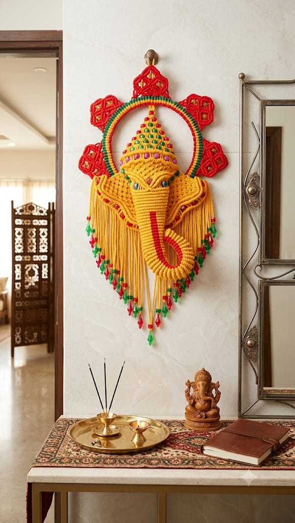 Handcrafted Macramé Lord Ganesha Wall Hanging | Decorative Eco-Friendly Ganesha Toran & Door Hanging for Home, Temple & Festivals