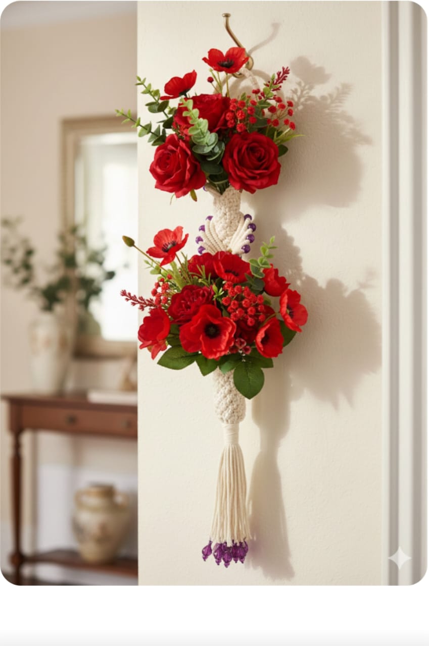 Elegant Handmade Macrame Wall Hanging with Beautiful Artificial Flowers CREAM COLOUR SIZE  66 * 10