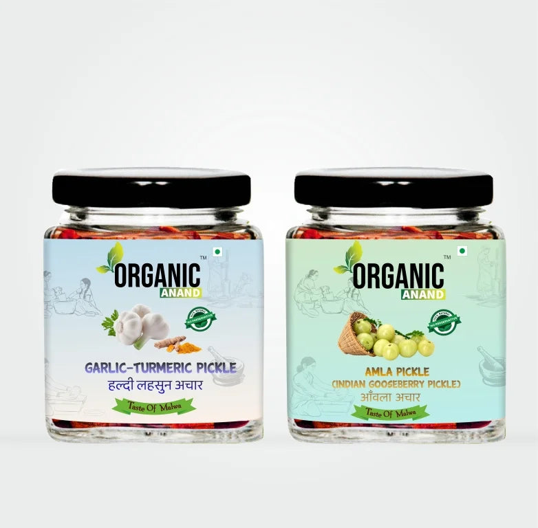 Organic Anand Homemade Indian Gooseberry Amla Pickle and Garlic Turmeric Pickle with Neemwood Spoon Haldi Lahsun Amla Combo Pack of 2