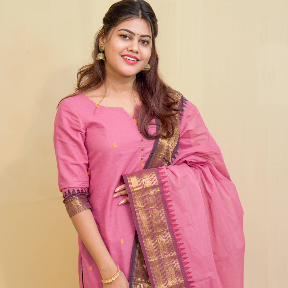 Geet - Kurti with dupatta in pure kanchi cotton in Onion pink color