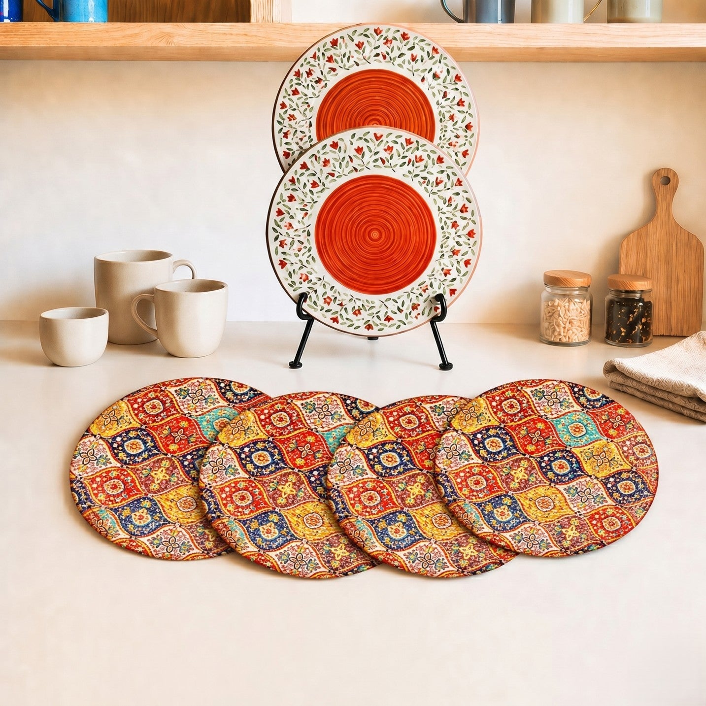Mittory Citrus Spiral Dinner Plates (Set of 2) with Mandala Placemats (Set of 4) – Colorful Ceramic Tableware & Boho Dining Decor Combo