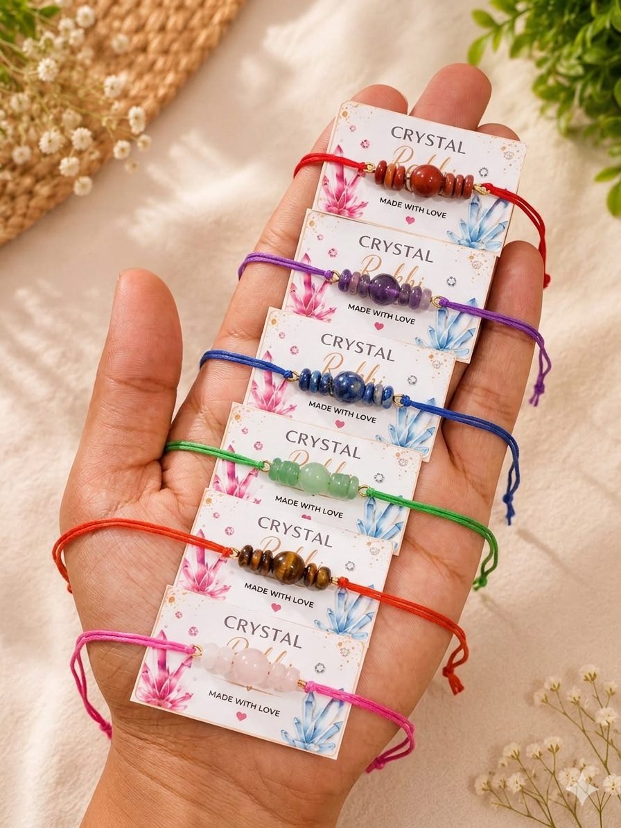 Handmade Natural Crystal Rakhi for Raksha Bandhan | Healing Stone Energy Bracelet Rakhi for Brother