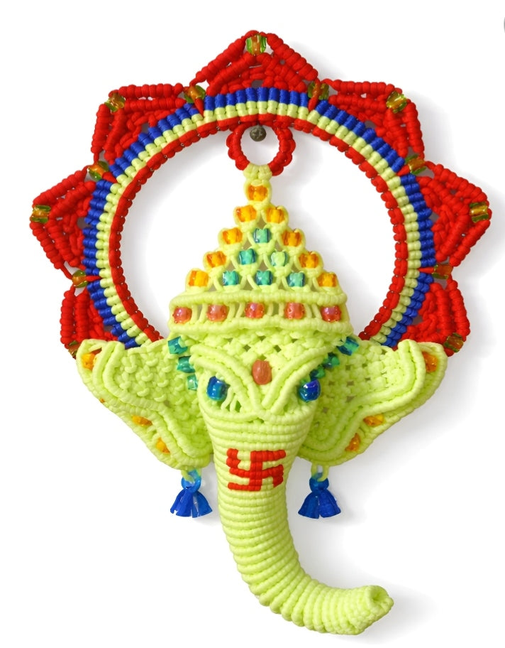 Handmade Macrame Lord Ganesha Wall Hanging in Bright Yellow | Multicolor Decorative Spiritual Wall Décor | Cotton Thread Handcrafted Art