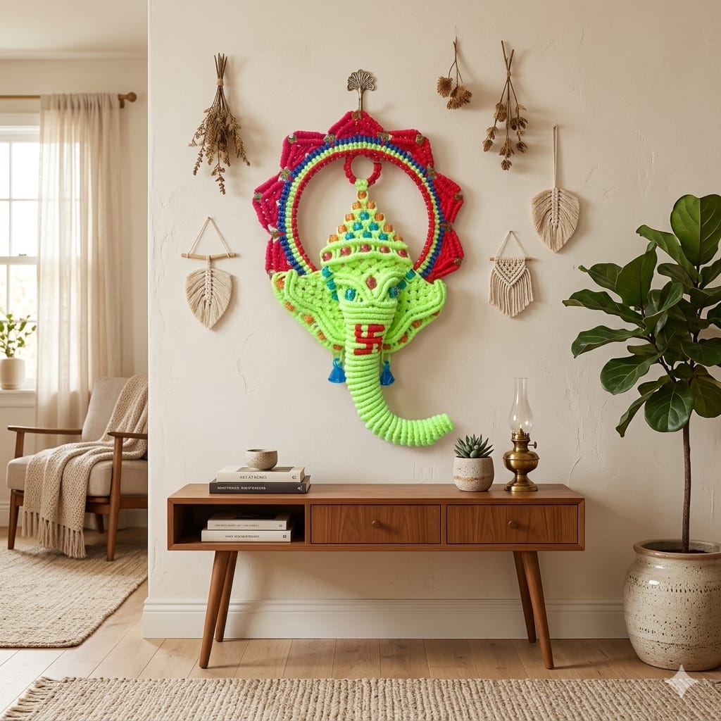 Handmade Macrame Lord Ganesha Wall Hanging in Bright Yellow | Multicolor Decorative Spiritual Wall Décor | Cotton Thread Handcrafted Art