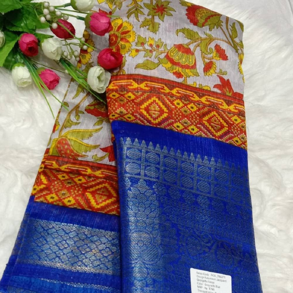 Kalamkari Printed Saree with Gold Zari Border_Grey