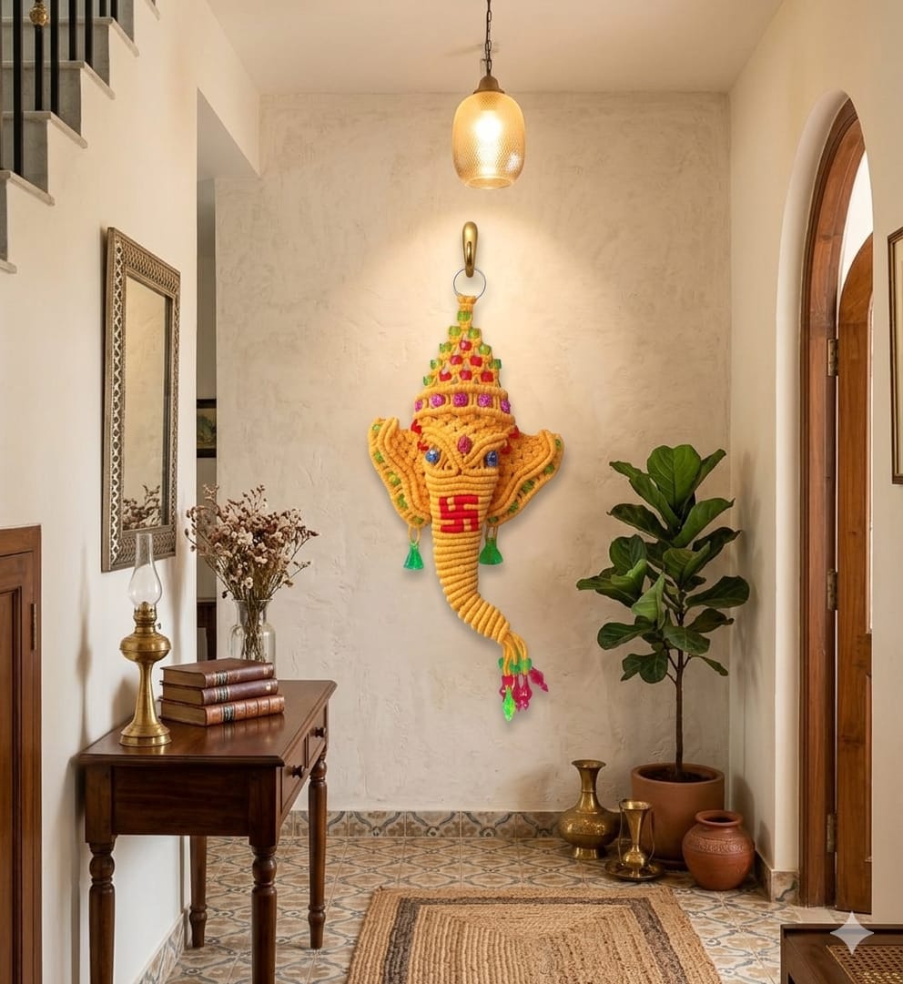 Handmade Macrame Lord Ganesha Wall Hanging in Bright Yellow | Decorative Spiritual Home Décor | Handmade nylon Thread Art