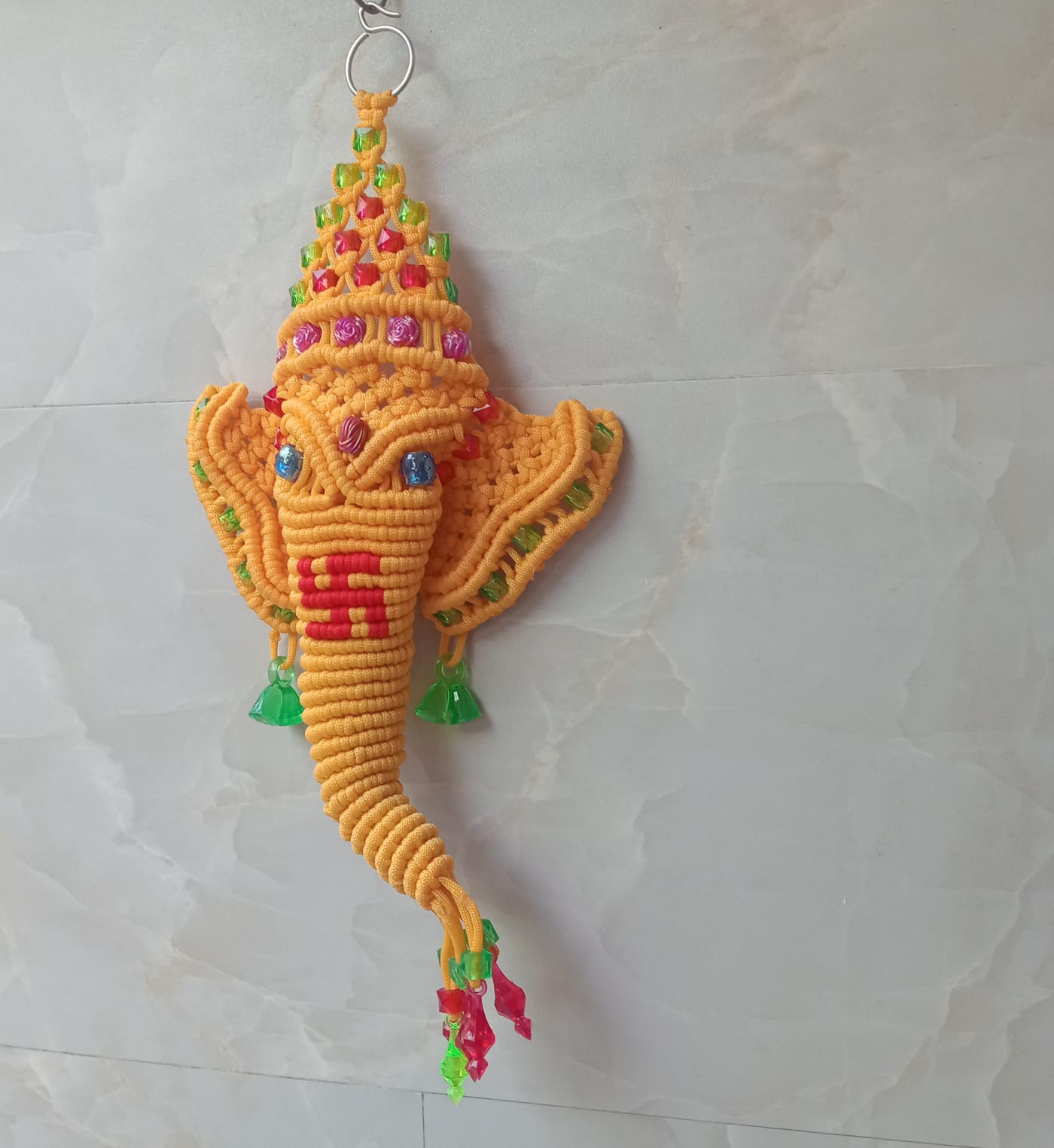 Handmade Macrame Lord Ganesha Wall Hanging in Bright Yellow | Decorative Spiritual Home Décor | Handmade nylon Thread Art