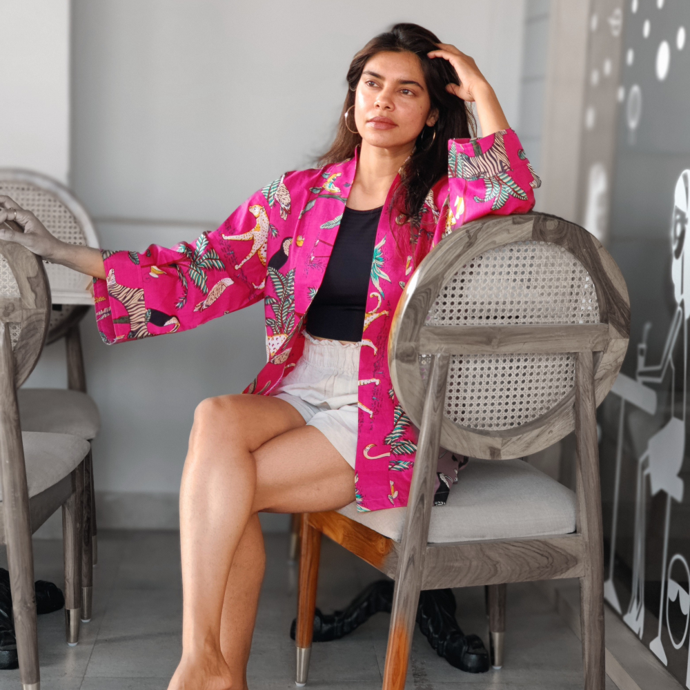 Free Size Gulabi Jungle Kimono-Shrug
