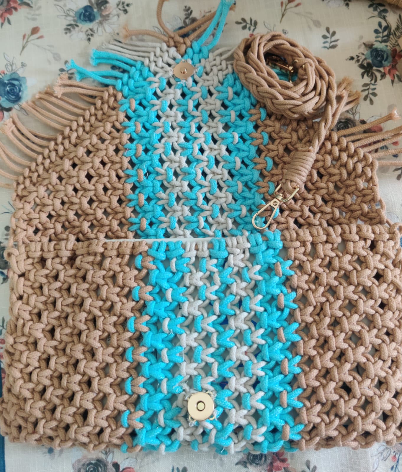 Handmade Macramé Beaded Pouch – Brown, Blue & White