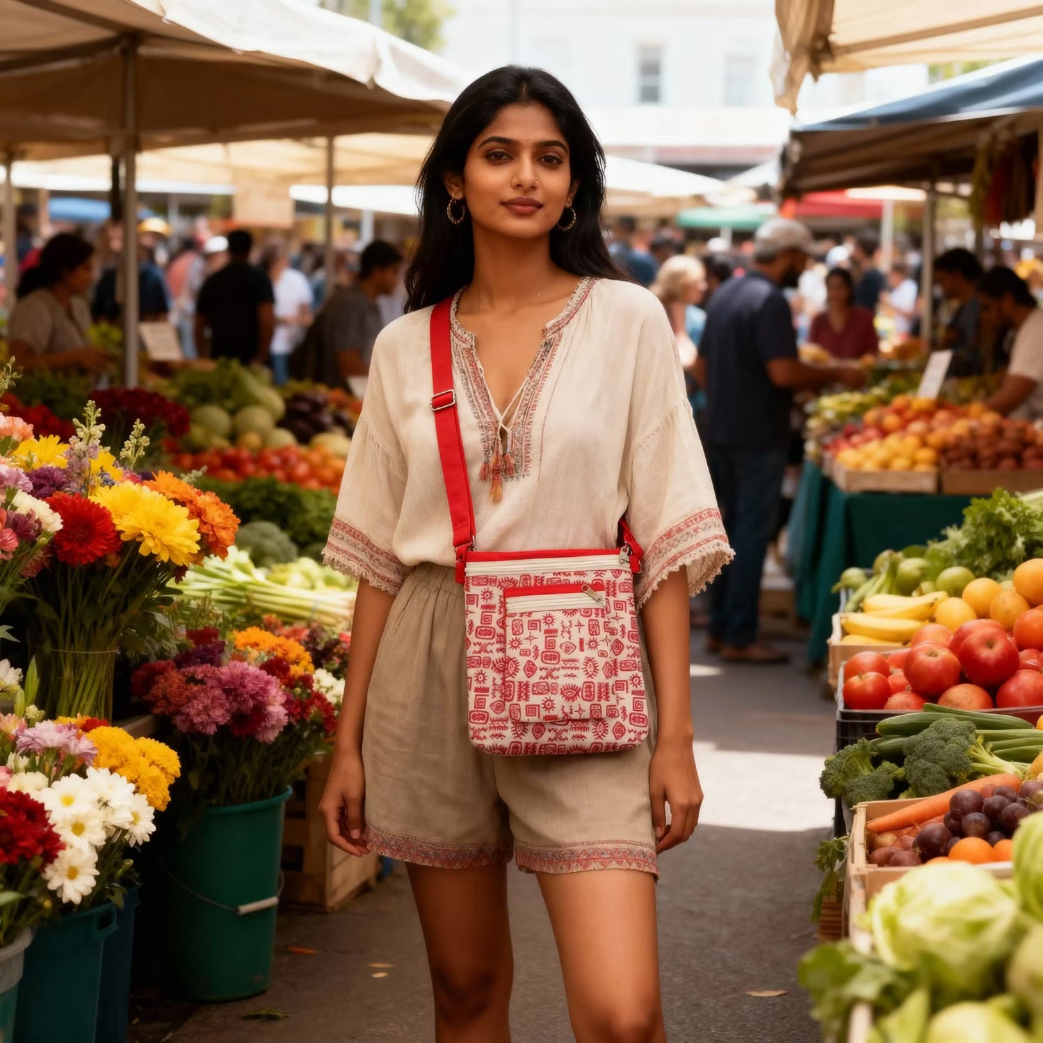 Handcrafted Red and White Sling Bag