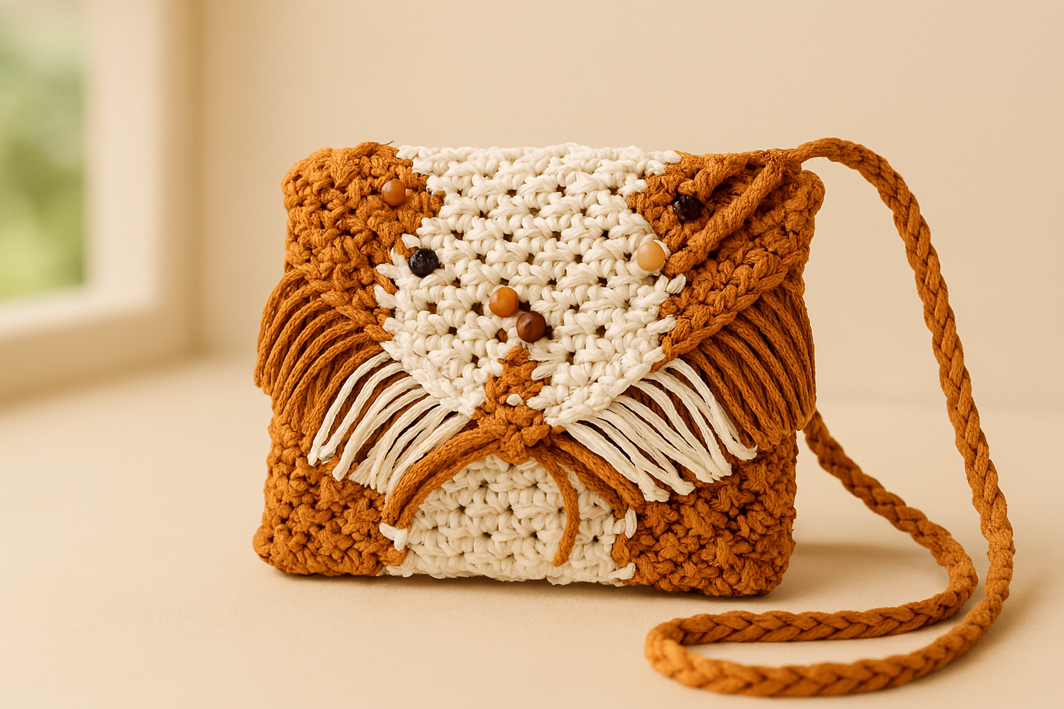 Handcrafted Macramé Crossbody Bag – Earth & White
