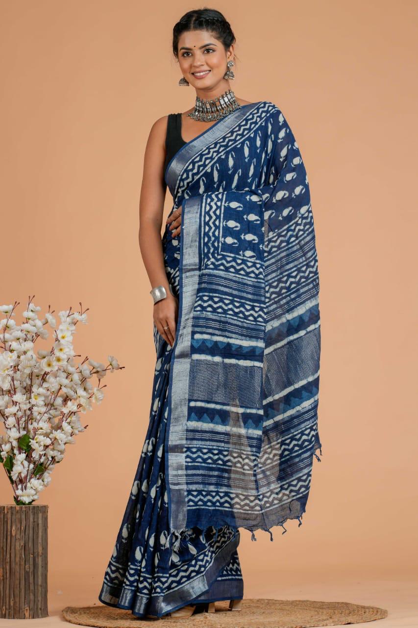 Hand Block printed  linen cotton sarees with blouse piece21