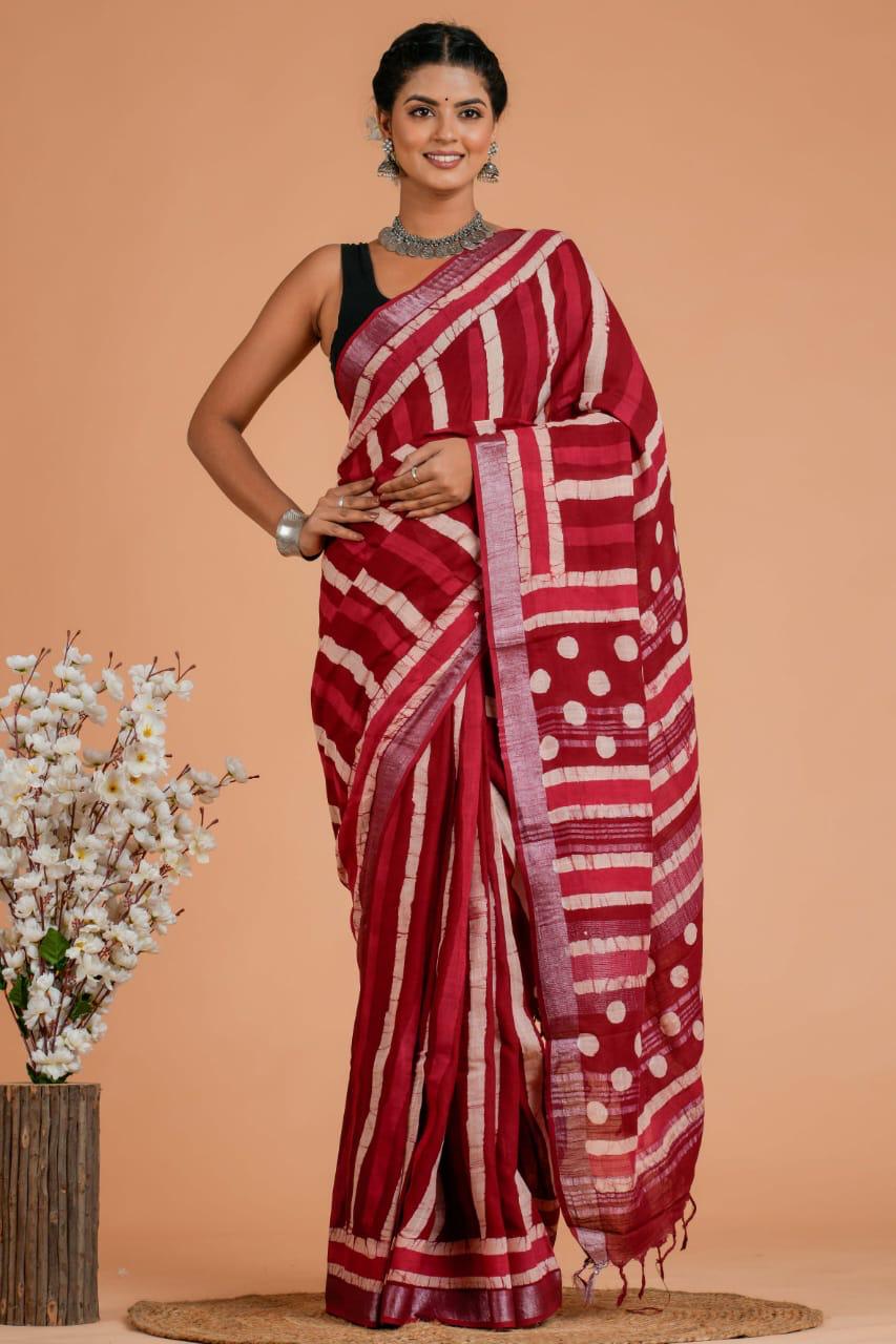 Hand Block printed  linen cotton sarees with blouse piece20