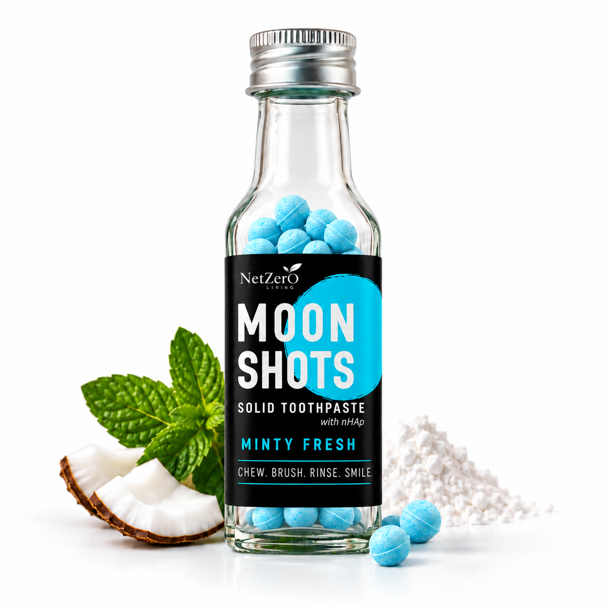 Moonshots Solid Toothpaste Tablets – Minty Fresh (90 pcs) | 5% nHAp | Fluoride & SLS Free | No Preservatives | with Xylitol & Oral Probiotics | Travel-Friendly